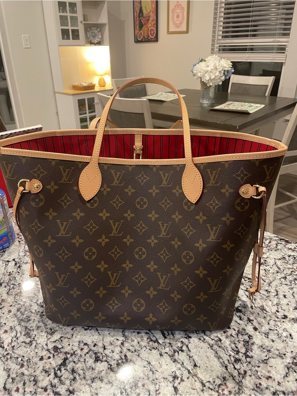 Louis Vuitton Monogram Neverfull Tote in Brown with Red Interior